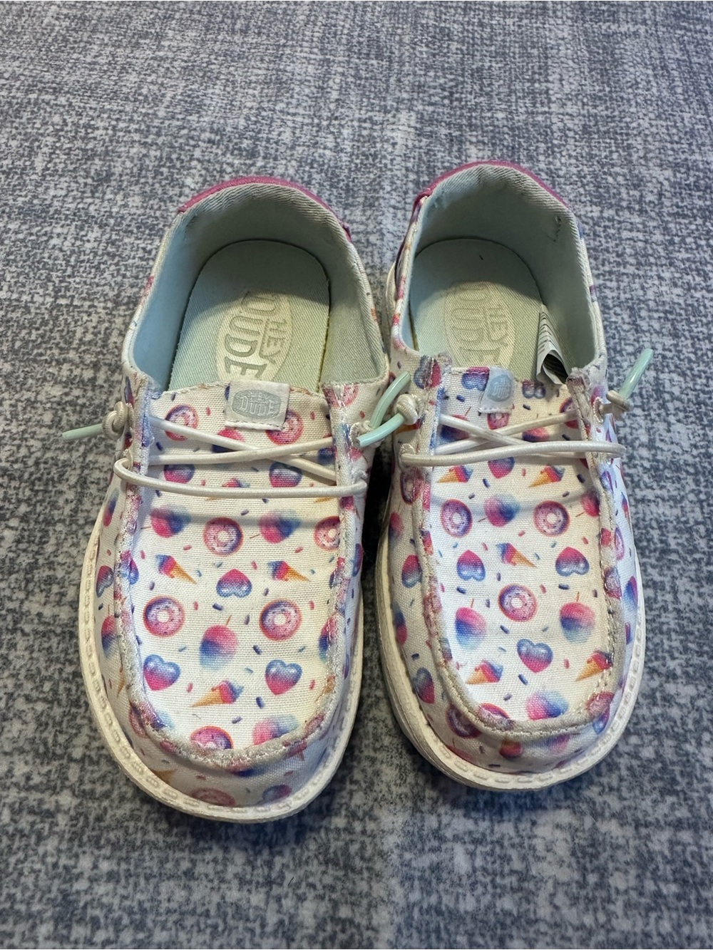 Hey Dude Kids White Sneakers with Multicolor Heart, Donut & Ice Cream Print